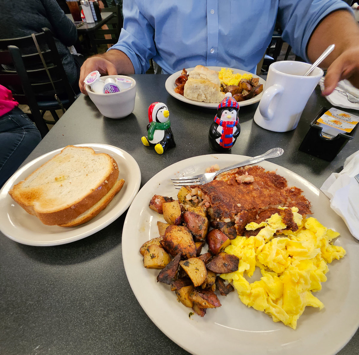 table with plates of breakfast food